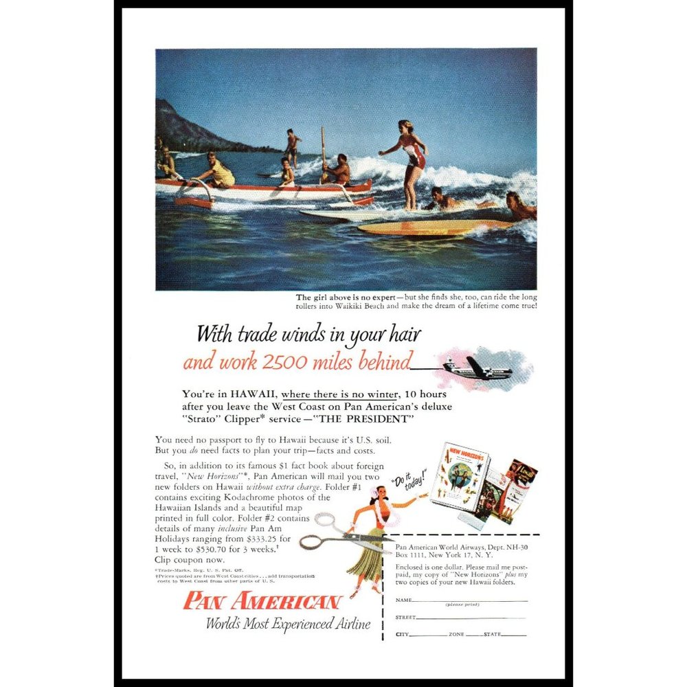1953 Pan Am Airlines Waikiki Hawaii Vintage Print Ad Surf Boards Surfing Art